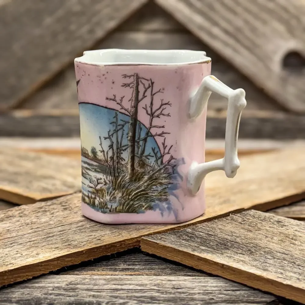 19th Century Victorian Pink Bone China Wishbone Handled Cup w/ Winter Landscape